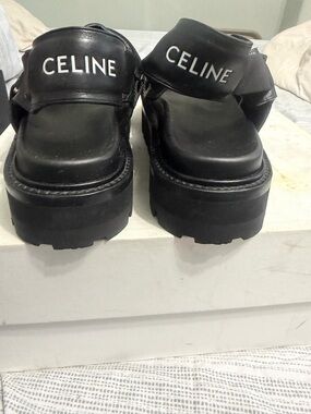 Celine Black Leather Chunky Logo Platform Sandals